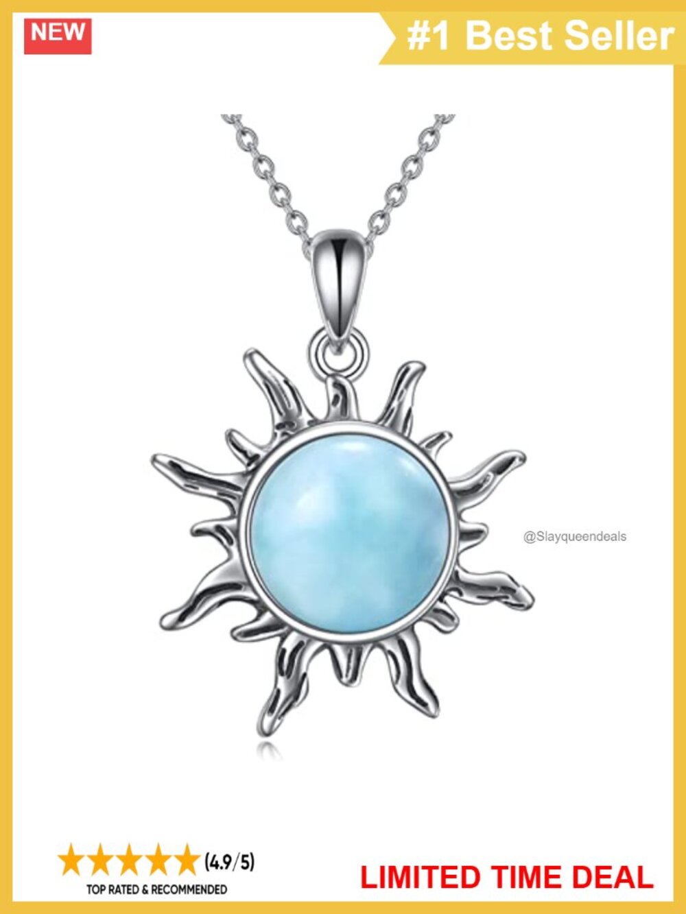 Sterling Silver Sun Pendant Necklace Natural Larimar 18+2in Cable Chain